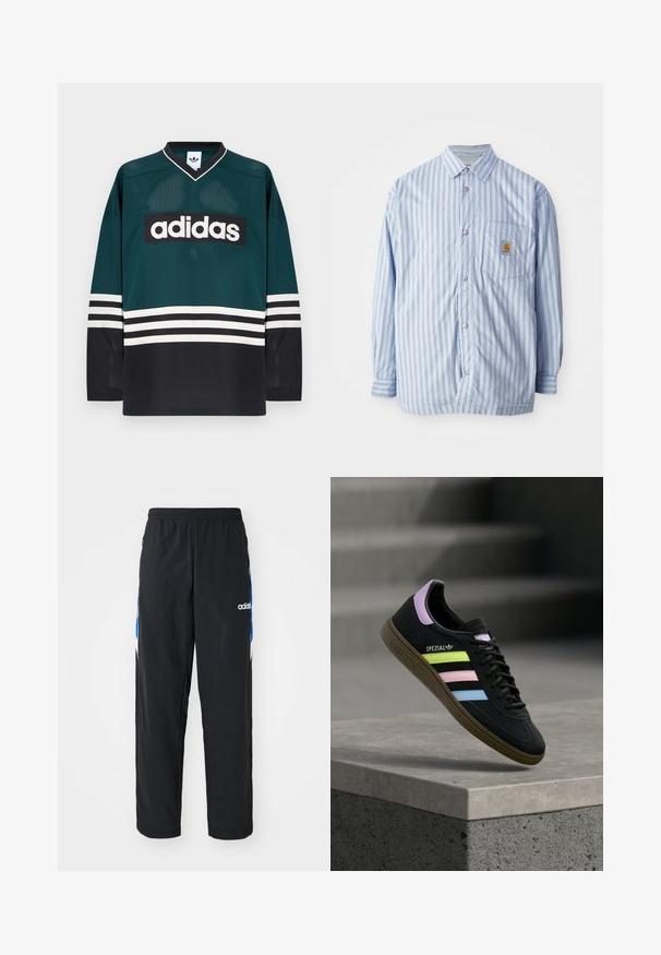 Gestreept button-up shirt in lichtblauw en wit met rode accenten. Heeft een borstzak en lange mouwen. Gemaakt van een soepele stof.; Groen-zwart Adidas-shirt met een V-hals, lange mouwen, een mesh textuur en een opvallend wit logo over de borst met gestreepte accenten.; Zwarte sportbroeken met een elastische tailleband, voorzien van blauwe en witte grafische accenten aan de zijkanten en een geborduurd logo.; Zwarte Adidas Spezial sneaker met pastelgele, roze en blauwe strepen, lavendelkleurig hielhaakje en bruine zool, zwevend boven een betonnen richel.