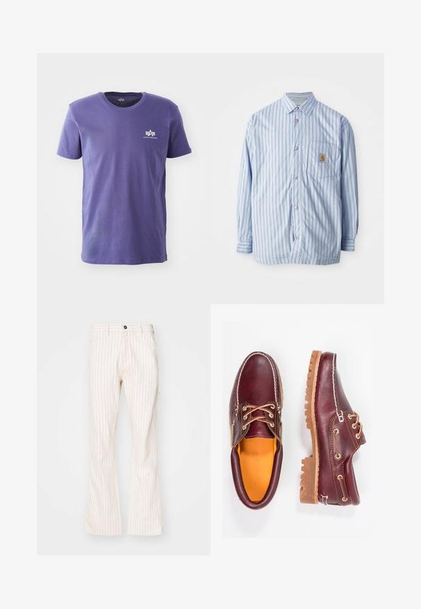 Gestreiftes Hemd in Hellblau und Weiß mit roten Akzenten. Verfügt über eine Brusttasche und lange Ärmel. Hergestellt aus einem glatten Stoff.; Lila T-Shirt mit kurzen Ärmeln und Rundhalsausschnitt mit kleinem weißem Alpha Industries Logo auf der linken Brust vor weißem Hintergrund.; Helle, cremefarbene Schlaghosen mit vertikalen roten Nadelstreifen, ausgestattet mit einem Knopfverschluss, seitlichen Taschen und einem glatten, strukturierten Stoff.; Bordeauxfarbene Lederschuhe mit braunen Gummisohlen, runder Zehenform, weißen Nähten und goldenen Ösen. Das Innenfutter weist eine gelbe Beschichtung auf.