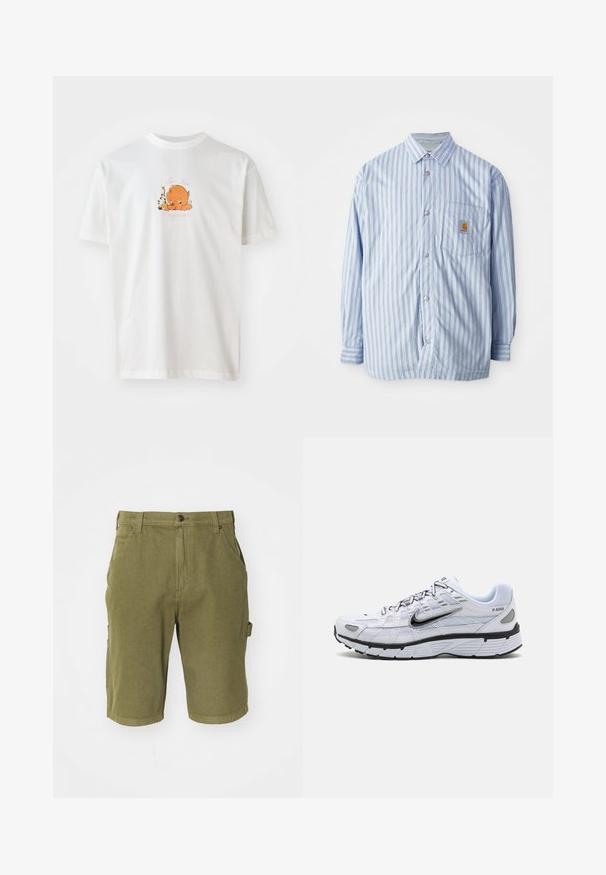 Stribet skjorte i lyseblå og hvid med røde accenter. Har en brystlomme og lange ærmer. Fremstillet af et glat materiale.; Hvid bomulds t-shirt med rund halsudskæring. Forsiden viser en orange tegneseriefigur omgivet af blomster og tekst i pink.; Oliven grønne bomulds cargo-shorts med knaplukning, bæltestropper, sidelommer og en let tekstureret stofoverflade.; Hvide løbesko med mesh-overdel, rund tå, sorte accenter og mønstret sål. Har snøring og branding på siden.