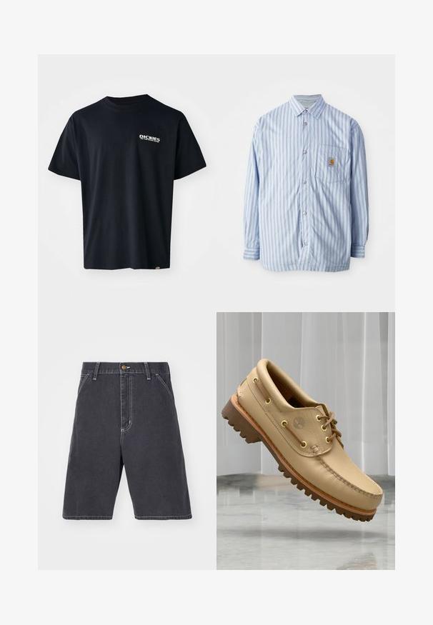 Gestreiftes Hemd in Hellblau und Weiß mit roten Akzenten. Verfügt über eine Brusttasche und lange Ärmel. Hergestellt aus einem glatten Stoff.; Schwarzes T-Shirt mit kurzen Ärmeln aus Baumwolle, mit einem weißen grafischen Textlogo auf der linken Brust, geradem Schnitt und einem Etikett an der Seite.; Dunkelgraue Denim-Shorts mit lockerer Passform, die einen Knopfverschluss, Gürtelschlaufen und dezente weiße Nähte aufweisen. Keine sichtbaren Taschen.; Hellbraune Lederbootsschuhe mit dickem, geripptem Profil und Schnürdetails, schwebend über einem Marmorboden und einem Hintergrund aus weißen vertikalen Jalousien.