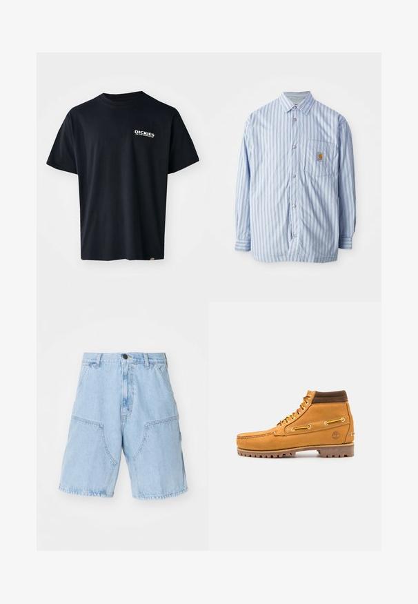 Camisa de botones a rayas en azul claro y blanco con acentos rojos. Tiene un bolsillo en el pecho y mangas largas. Está hecha de una tela suave.; Camiseta negra de manga corta hecha de algodón, con un logo gráfico de texto blanco en el lado izquierdo del pecho, corte recto y una etiqueta en el lateral.; Pantalones cortos de mezclilla azul claro con un ajuste holgado, que presentan dos grandes bolsillos frontales y un cierre de botón en la cintura.; Timberland AUTHENTIC MID LACE BOOT - Botines con cordones - wheat