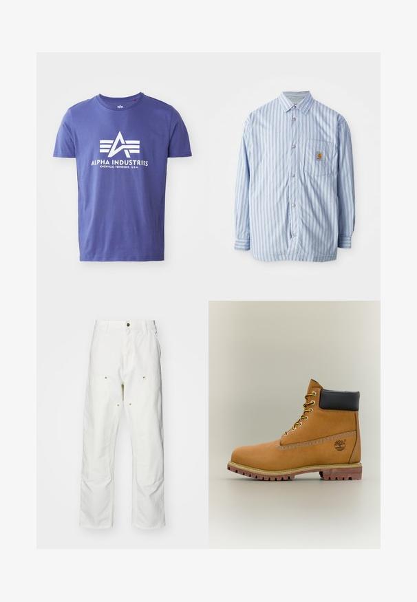 Camisa de botones a rayas en azul claro y blanco con acentos rojos. Tiene un bolsillo en el pecho y mangas largas. Está hecha de una tela suave.; Camiseta de algodón morada de manga corta, que presenta un logo blanco que incluye "ALPHA INDUSTRIES" y un diseño geométrico.; Pantalones cargo de algodón blancos con un corte relajado. Las características incluyen bolsillos frontales, detalles en dorado y secciones de rodilla reforzadas.; Bota de tobillo de cuero marrón con cuello negro, cordones amarillos y suela beige. Presenta un logotipo y detalles de costura blanca. Suela exterior con tracción robusta.