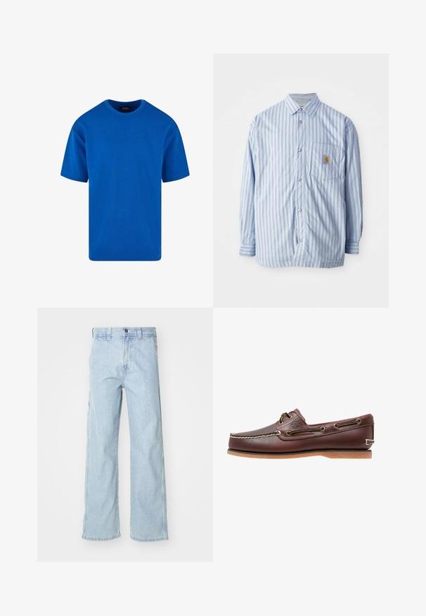 Camisa de botones a rayas en azul claro y blanco con acentos rojos. Tiene un bolsillo en el pecho y mangas largas. Está hecha de una tela suave.; Camiseta azul de mangas cortas hecha de algodón, con un cuello redondo clásico y un corte relajado. Textura suave sin patrones ni acentos visibles.; Jeans de mezclilla azul claro con un corte relajado, presentan una cintura alta, bolsillos frontales y un diseño de pierna recta. Las superficies tienen una textura suave.; Zapato náutico de cuero marrón con costuras blancas, detalles de cordones y suela de goma color coñac, mostrado de lado sobre un fondo blanco.
