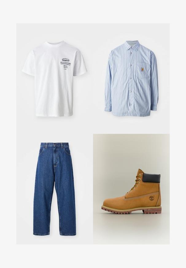 Gestreept button-up shirt in lichtblauw en wit met rode accenten. Heeft een borstzak en lange mouwen. Gemaakt van een soepele stof.; Witte katoenen t-shirt met korte mouwen, ronde hals en een grafische print met de tekst "Carhartt WIP" en een voedselillustratie op de borst.; Denim wijde broek in donkerblauw. Kenmerken zijn een hoge taille, riemlussen en een klassiek vijf-pocket ontwerp. Gestikte zoom met een schone afwerking.; Bruine leren enkellaars met zwarte kraag, gele veters en een zandkleurige zool. Voorzien van een logo en witte stikseldetails. Robuuste loopzool met grip.
