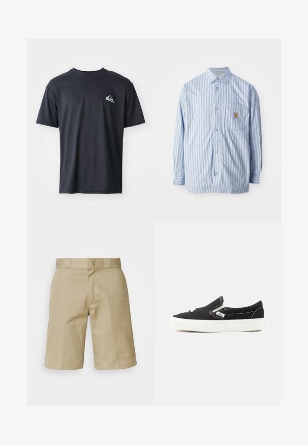 Gestreiftes Hemd in Hellblau und Weiß mit roten Akzenten. Verfügt über eine Brusttasche und lange Ärmel. Hergestellt aus einem glatten Stoff.; Schwarzes T-Shirt mit kurzen Ärmeln aus einem glatten Stoff, mit einem kleinen weißen Logo auf der linken Brustseite. Reguläre Passform mit Rundhalsausschnitt.; Khaki-Shorts mit flachem Frontdesign, genähtem Bund mit Gürtelschlaufen und zwei Seitentaschen. Hergestellt aus leichtem Stoff.; Schwarzer Vans Slip-On-Sneaker mit weißer Gummisohle, weißen Nähten und elastischen Seiteneinsätzen, Ansicht von der Außenseite.