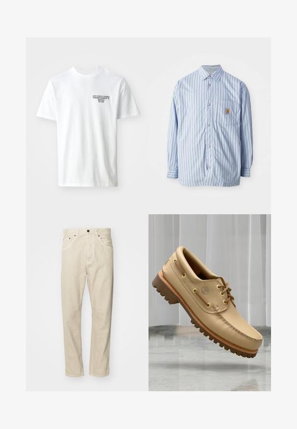 Chemise à rayures bleu clair et blanche avec des accents rouges. Dotée d'une poche poitrine et de manches longues. Fabriquée en tissu lisse.; T-shirt en coton blanc avec un col rond. Présente un petit logo en texte bleu "CARHARTT WIP" sur la poitrine gauche. Coupe classique, manches courtes.; Pantalons en coton beige avec une coupe droite, cinq poches et des accents en métal. Texture lisse avec des détails de couture minimaux.; Chaussure bateau en cuir marron clair avec semelle épaisse et striée et détails de lacets, flottant au-dessus d'un sol en marbre et d'un fond de stores verticaux blancs.