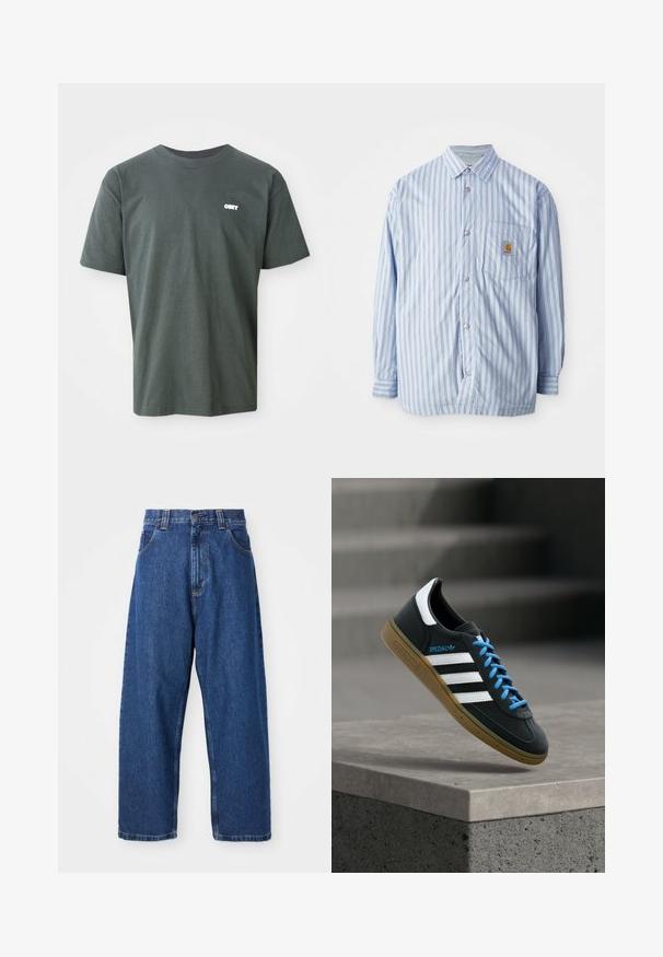 Stribet skjorte i lyseblå og hvid med røde accenter. Har en brystlomme og lange ærmer. Fremstillet af et glat materiale.; Mørkegrøn bomulds t-shirt med korte ærmer, rund hals, der har et lille hvidt "OBEY" logo på venstre brystområde.; Denimwide-leg jeans i mørkeblå. Har høj talje, bæltestropper og klassisk fem-lommers design. Syet kant med en ren finish.; Sort Adidas sneaker med hvide striber, blå snørebånd og gummisål, der svæver over gråt betontrin i blødt lys.