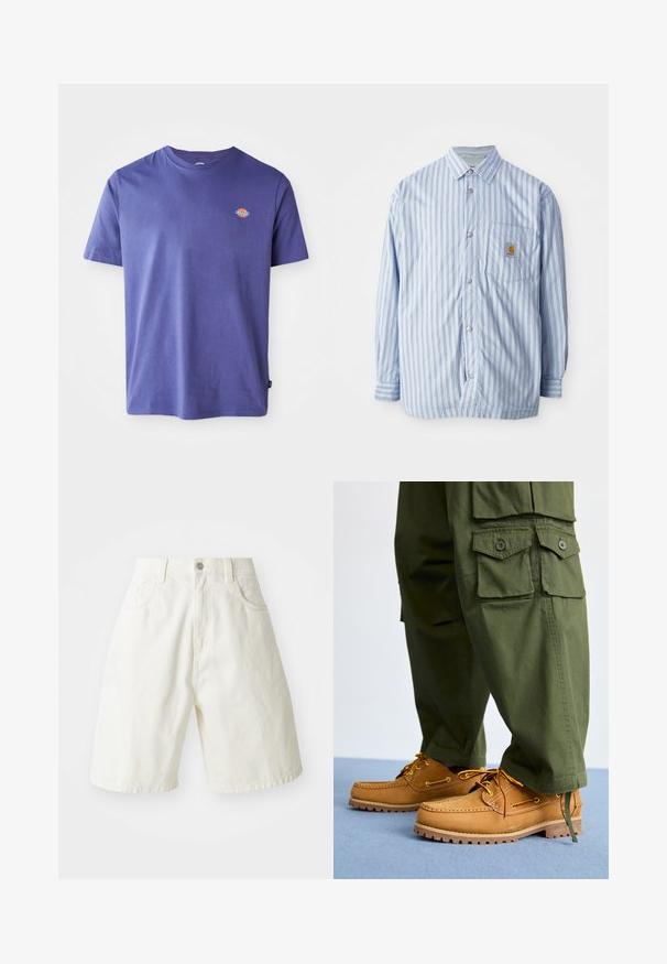 Stribet skjorte i lyseblå og hvid med røde accenter. Har en brystlomme og lange ærmer. Fremstillet af et glat materiale.; Lilla bomulds t-shirt med rund hals og korte ærmer. Har et lille logo på brystet. Glat tekstur, afslappet pasform.; Hvide denimshorts med en afslappet pasform, der har en talje, fem lommer og lige ben. Stoffet har en let tekstur.; Timberland AUTHENTIC 3 EYE - Sejlersko - wheat