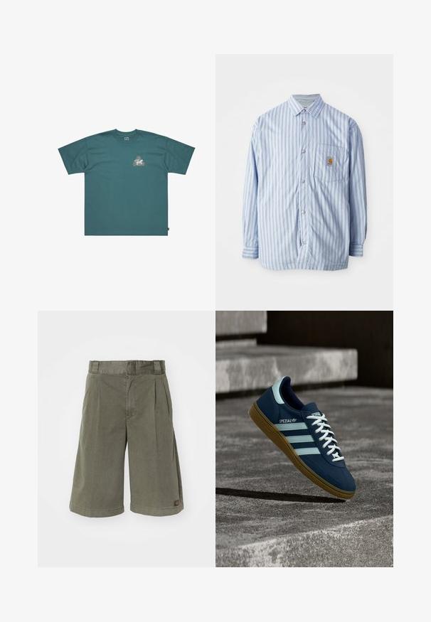 Stribet skjorte i lyseblå og hvid med røde accenter. Har en brystlomme og lange ærmer. Fremstillet af et glat materiale.; Teal bomulds T-shirt med korte ærmer og løs pasform. Har en trekantet grafik med farverigt design og mærkenavn på brystet.; Olivengrønne shorts lavet af en blanding af bomuldsstof. Har folder og en lige pasform, med et lille mærke på siden.; Blå Adidas Spezial sneaker med hvide striber og snørebånd, gummisål, svævende over en ru betongoverflade og trin i baggrunden.