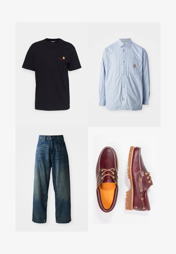 Chemise à rayures bleu clair et blanche avec des accents rouges. Dotée d'une poche poitrine et de manches longues. Fabriquée en tissu lisse.; T-shirt en coton noir à manches courtes, col rond, avec un petit logo coloré sur la poitrine gauche. Coupe classique avec une texture lisse.; Jean en denim bleu taille large avec une finition délavée. Comprend cinq poches, une fermeture à bouton et des coutures contrastées. Tissu de poids lourd.; Chaussures en cuir bourgogne avec semelles en caoutchouc marron, bout rond, couture blanche et œillets dorés. L'intérieur présente une doublure jaune.