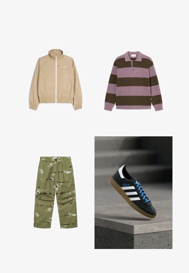 Beige zip-up jacket with elastic cuffs and waistband, two side pockets, and small white logo on the left chest.; Long-sleeve polo shirt made of textured fabric, featuring alternating dark green and lavender stripes, three-button placket, and a collar.; Green canvas trousers featuring a paint splatter pattern in white, brown, and dark green, with an elastic waistband and side pockets.; Black Adidas sneaker with white stripes, blue laces, and gum sole floating above gray concrete step in soft light.