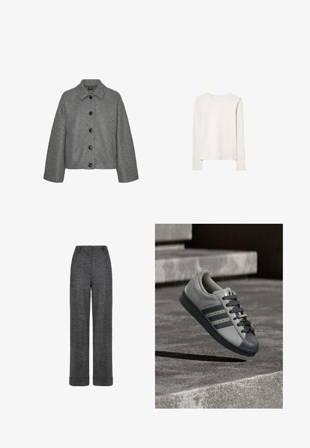Grå uldblandingsjakke med krave-halsudskæring, frontknaplukninger og store lange ærmer med en lige silhuet.; Langærmet top i lys beige bomuld. Rund hals med lige kant, minimale syninger og glat tekstur. Enkel design uden mønstre eller dekorative elementer.; Grå uldbukser med fiskebenmønster, lige ben, opsmøgede kanter og taljebånd med bæltestropper.; Lysegrå sneaker med tre mørkegrå striber, tekstureret læderoverdel, gummiforstærket tå og metalbranding på snørebåndene.