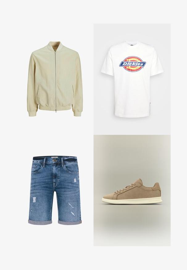 Lys beige bomberjakke med ribbet krave, lynlås lukning, sidelommer og elastiske ærmer. Holdbart stof med en subtilt struktureret overflade.; Hvid bomulds t-shirt med et blåt og rødt cirkulært "Dickies" logo i midten. Korte ærmer og rund hals design.; Denimshorts i medium blå med distressed detaljer, opsmøgede kant, fem lommer og metalknaplukning. Standard pasform.; Beige lavt snøresko med hvid sål, snørelukning foran, glat mat finish og polstret krave, vist i sideprofil mod en neutral baggrund.