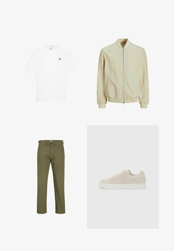 Chaqueta bomber de color beige claro con cuello acanalado, cierre de cremallera, bolsillos laterales y puños elásticos. Tejido duradero con un acabado sutilmente texturizado.; Camiseta de manga corta blanca con un cuello redondo y un pequeño logo geométrico gris en el lado izquierdo del pecho. Fabricada en suave material de algodón.; Pantalones chinos verde oliva hechos de tela con textura suave, con cierre de cremallera, botón y bolsillos laterales. Diseño de pierna recta.; Zapatilla beige de corte bajo con cordones en la parte delantera y suela gruesa de goma blanca sobre un fondo liso gris claro.