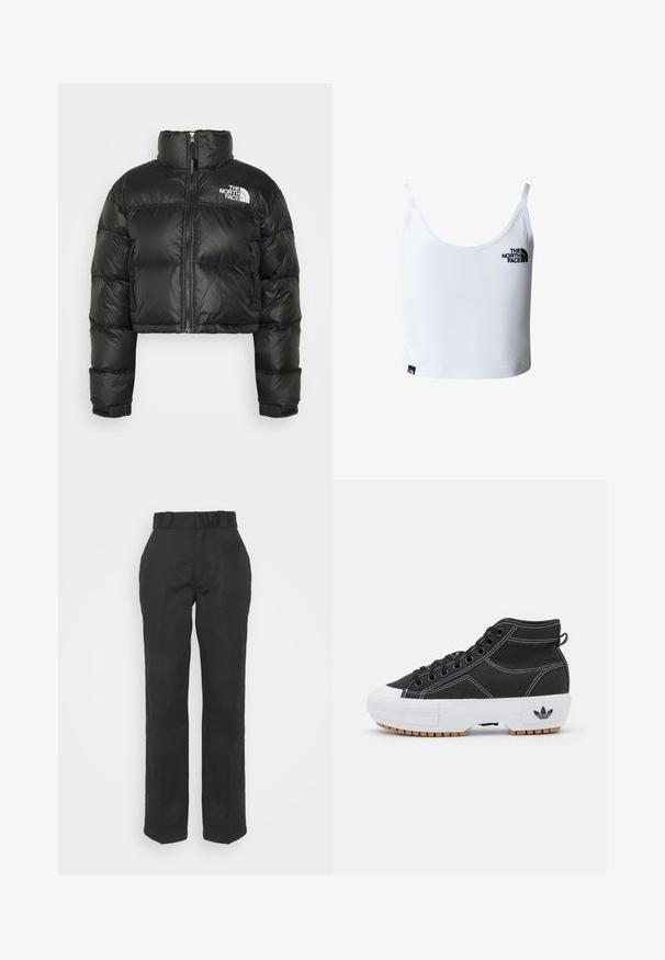 Cazadora acolchada negra y corta con cuello alto, cierre de cremallera en la parte delantera y logo blanco en el pecho. Presenta secciones acolchadas y puños elásticos.; Top corto blanco con tirantes delgados, con el logo de The North Face en negro en el pecho y cerca del bajo.; Pantalones negros con una textura suave, diseño de pierna recta y cintura con cinturón. Presenta una silueta simple y clásica sin patrones adicionales.; adidas Originals NIZZA TREK - Zapatillas altas - core black/footwear white
