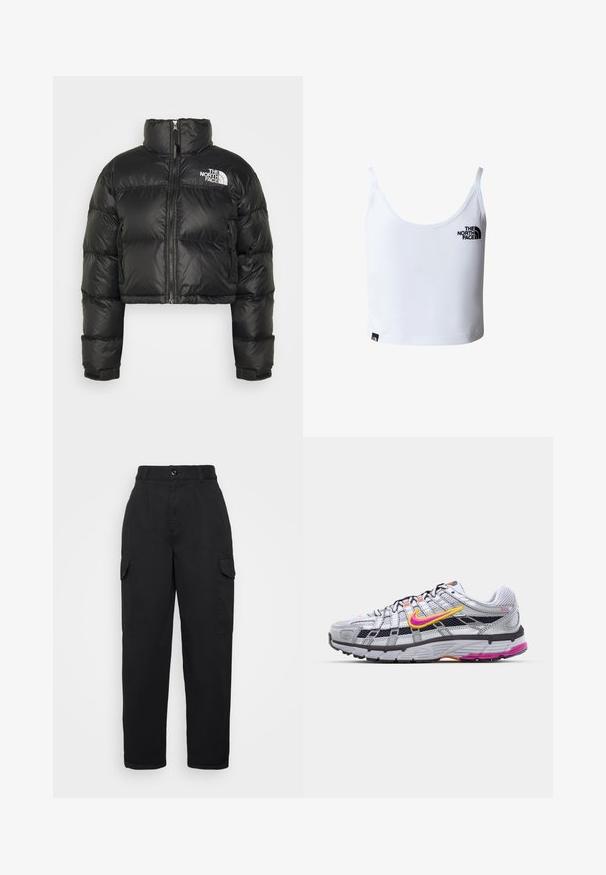 Veste en duvet noire courte avec un col haut, fermeture éclair à l'avant et logo blanc sur la poitrine. Elle comporte des sections rembourrées et des poignets élastiques.; Débardeur court blanc avec fines bretelles, arborant le logo The North Face en noir sur la poitrine et près de l'ourlet inférieur.; Pantalon cargo noir à taille haute, avec des plis à l'avant, deux poches latérales et une coupe décontractée, fabriqué en tissu robuste avec une texture lisse.; Baskets de course en mesh gris avec un swoosh distinctif rose et jaune, accents noirs et une semelle en caoutchouc texturé. Comprend un embout renforcé et un col rembourré.