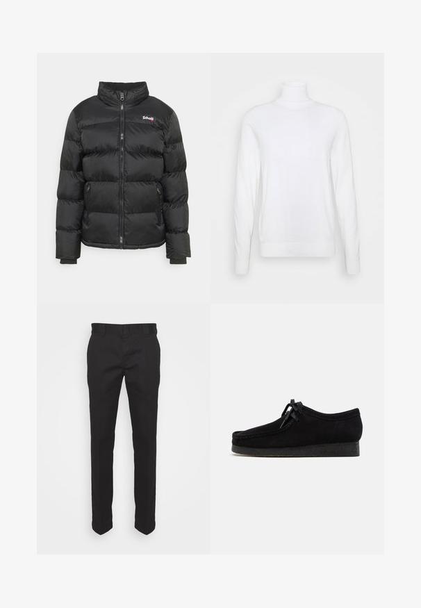 Schott IDAHO - Vinterjakker - black; Hvid turtleneck sweater med lange ærmer, lavet af glat stof. Har et tætsiddende design og ribbede manchetter og kant. Ingen mønstre eller accenter.; Sorte chinos lavet af bomuldsblanding, med et lige ben design, en glat tekstur og standard bæltesløjfer. Ingen synlige mønstre eller accenter.; Sorte ruskindsko med rund tådesign, snørebånd foran og en struktureret sort gummisål. Glat overflade med diskret syningsdetalje.