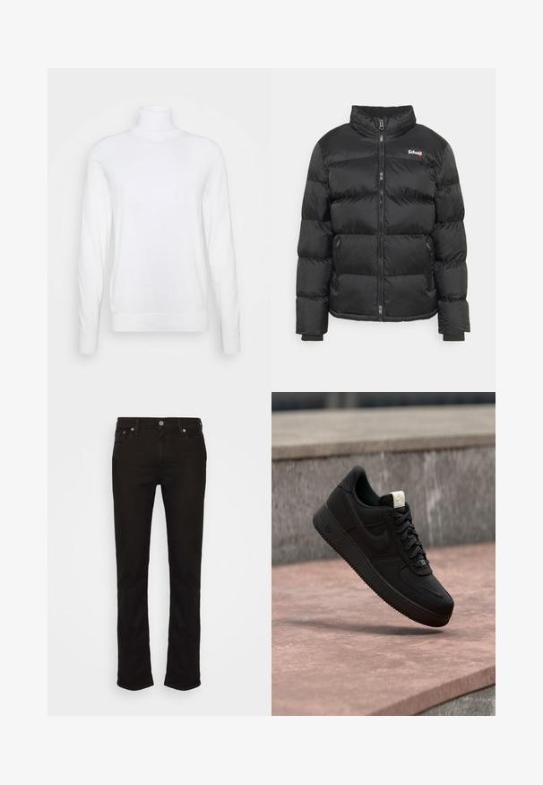Schott IDAHO - Veste d'hiver - black; Pull à col roulé blanc avec des manches longues, fabriqué en tissu lisse. Présente un design ajusté et des poignets et un ourlet côtelés. Pas de motifs ni d'accents.; Jean en denim noir avec une coupe droite, présentant un design classique à cinq poches, une fermeture à bouton en métal et des détails de couture subtils.; Baskets Nike Air Force 1 noires flottant au-dessus d’un rebord en béton rose avec un fond en pierre grise, montrant des détails latéraux et supérieurs.