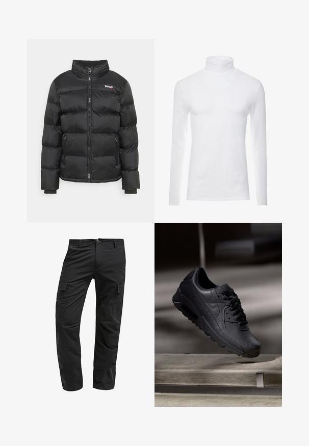 Schott IDAHO - Winterjas - black; Witte lange mouw turtleneck-shirt gemaakt van zachte, rekbare stof. Heeft een hoge kraag en een aangesloten ontwerp, wat zorgt voor een gestroomlijnde uitstraling.; Zwarte cargobroek met een rechte snit, gemaakt van duurzaam materiaal, met meerdere zijzakken en een knoopsluiting bij de taille.; Zwarte Nike Air Max sneakers met een bovenwerk van gestructureerd leer, rubberen zool en een opvallend vetersysteem, dat een strakke, moderne uitstraling heeft.