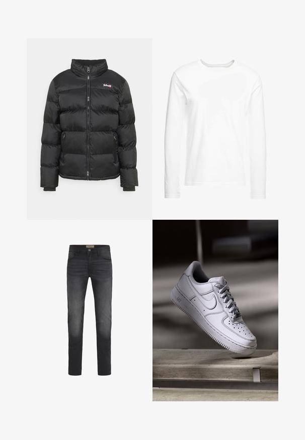 Schott IDAHO - Vinterjakker - black; Langærmet hvid t-shirt lavet af blød bomuld. Rund halsudskæring med lige skårne kanter og ingen synlige mønstre eller grafikker.; Mørk denimjeans med slim fit, der har en knaplukning, fem lommer og en let falmende effekt på lårene.; Hvid læder Nike Air Force 1 sneaker med perforeret tå, flade snørebånd og tekstureret gummisål med "AIR" branding på siden.