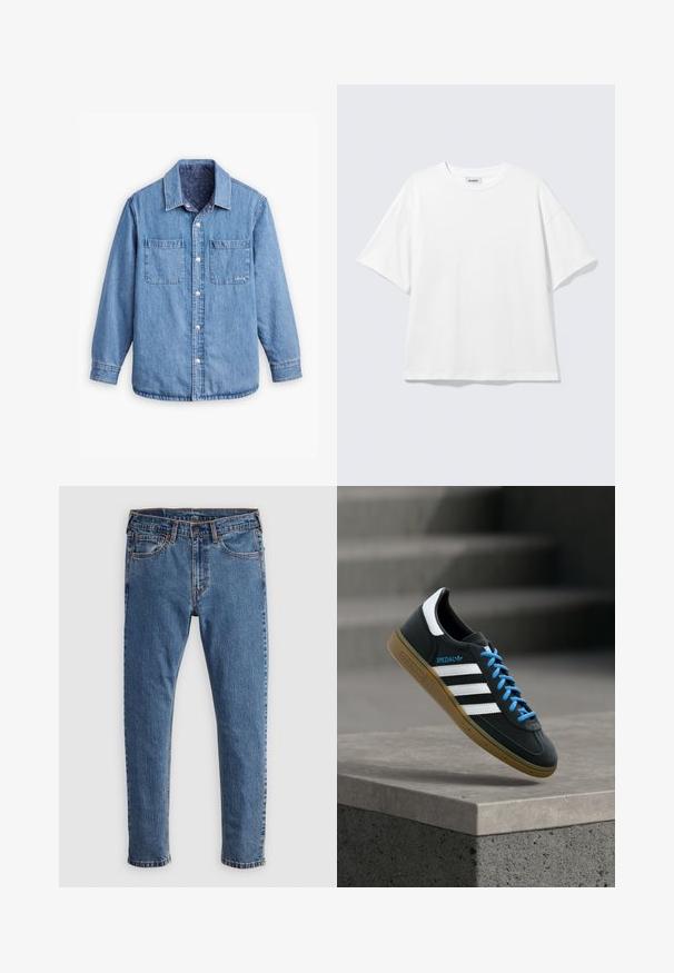 Camisa de denim de color azul claro, con cierre de botones en la parte delantera, dos bolsillos en el pecho y un forro interior de color azul oscuro con un patrón. Incluye un cuello.; Camiseta blanca de gran tamaño con mangas cortas, cuello redondo y hombros caídos, plana sobre fondo gris claro.; Jeans de mezclilla azul con corte recto, cinco bolsillos, costuras naranjas y un cierre clásico de botón y cremallera. Textura desgastada a lo largo de las piernas.; Zapatilla negra Adidas con franjas blancas, cordones azules y suela de goma flotando sobre un escalón de hormigón gris con luz suave.
