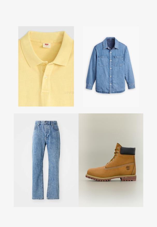 Camisa de denim de color azul claro, con cierre de botones en la parte delantera, dos bolsillos en el pecho y un forro interior de color azul oscuro con un patrón. Incluye un cuello.; Levi's® Polo - acacius stripe egret; Jeans de mezclilla de color azul claro con un diseño de cintura alta y pierna ancha, estilo clásico de cinco bolsillos y sutil desvanecimiento en la tela.; Bota de tobillo de cuero marrón con cuello negro, cordones amarillos y suela beige. Presenta un logotipo y detalles de costura blanca. Suela exterior con tracción robusta.