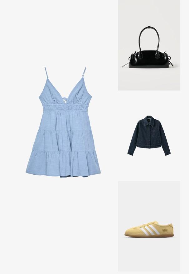Veste en denim bleu foncé à manches longues, col pointu, poche avant, deux poches latérales et fermeture par boutons cachée sous la patte de boutonnage.; Robe sans manches bleu clair avec un décolleté en V, un corsage froncé et une jupe à volants. Fabriquée en tissu texturé avec des bretelles ajustables.; adidas Originals GAZELLE LO PRO W - Baskets basses - almost yellow/footwear white; Petit sac à main noir brillant avec deux longues anses et des détails à cordon sur les côtés sur un fond clair uni.