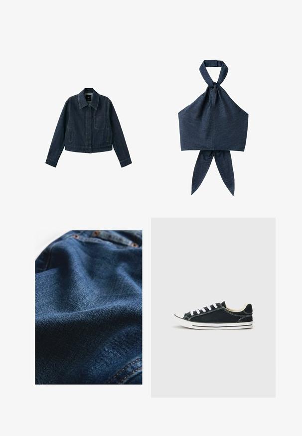 Donkerblauw spijkerjasje met lange mouwen, puntkraag, borstzak, twee zijzakken en knoopsluiting verborgen onder de beleg.; Donkerblauwe denim haltertop met brede neklint en gebonden stofdetail aan de achterkant.; Denimstof in donkerblauw, met een gladde textuur en subtiele geweven variaties, en contrasterende stikseldetails.; Zwarte canvas sneaker met witte stiksels, witte veters en rubberen zool. Heeft een afgeronde neus en een minimalistisch ontwerp.