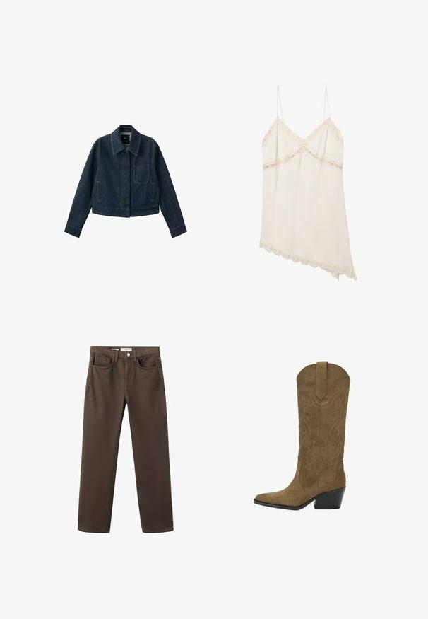 Mørkeblå denimjakke med lange ærmer, spids krave, forlomme, to sidelommer og knaplukning skjult under klappen.; Kremfarvet slip kjole med tynde stropper, blonder langs halsudskæring, barm og asymmetrisk kant.; Brune denimjeans med lige ben, forlommer, bæltestropper og knaplukning ved taljen.; Mid-calf brune ruskind cowboy støvle med broderede svirvelmønstre, spids tå, hængsel og skrå sort stablet hæl.
