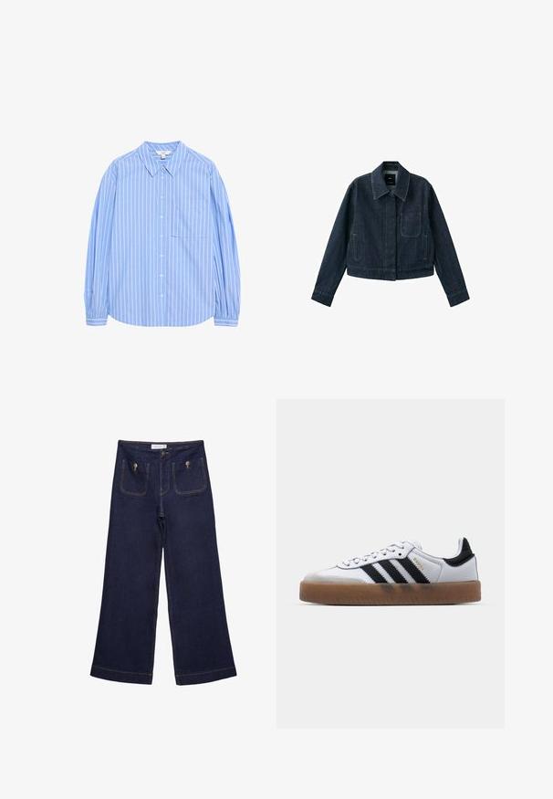 Mørkeblå denimjakke med lange ærmer, spids krave, forlomme, to sidelommer og knaplukning skjult under klappen.; Lys blå langærmet skjorte med knapper, hvide lodrette striber, kravedesign, en lomme på venstre bryst og sammenfaldne ærmer ved manchetterne.; Mørkeblå vidde jeansbukser med høj talje, forlommer med metalknapper og synlige syninger.; Hvide lædersneakers med sorte striber, gummirubber sål, rund tå, snørelukning og blød grå ruskinds tåhætte.
