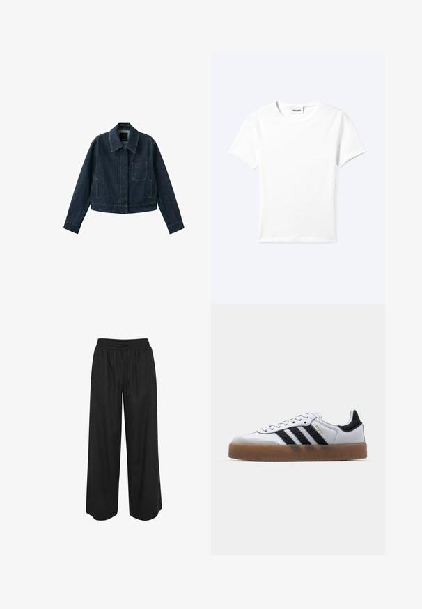 Mørkeblå denimjakke med lange ærmer, spids krave, forlomme, to sidelommer og knaplukning skjult under klappen.; Ensfarvet hvid t-shirt med korte ærmer og rund halsudskæring med en lille "WEEKDAY" label indeni halskanten, vist fladt på en lys baggrund.; Sorte bukser med brede ben, elastisk talje og snøre, lavet af letvævet stof, vist mod en hvid baggrund.; Hvide lædersneakers med sorte striber, gummirubber sål, rund tå, snørelukning og blød grå ruskinds tåhætte.