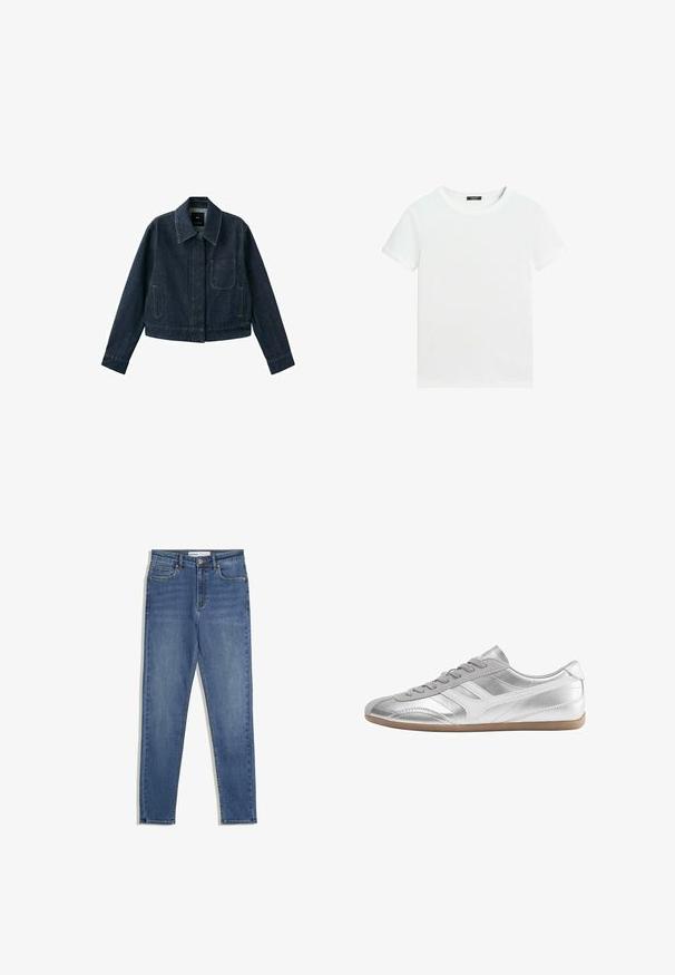 Dunkelblaue Jeansjacke mit langen Ärmeln, spitzem Kragen, Brusttasche, zwei Seitentaschen und Knopfverschluss, der unter der Blende verborgen ist.; Schlichtes weißes T-Shirt mit kurzen Ärmeln, rundem Halsausschnitt und einem kleinen schwarzen Etikett innen am Kragen.; Blaue Denim-Jeans mit hoher Taille, slim Fit, Fronttaschen, Reißverschluss und kontrastierenden Nähten. Strukturierte Gestaltung mit glatter Textur.; Silberner Sneaker in niedrigem Schnitt mit grauen Schnürsenkeln, weißen Seitenstreifen und einer hellbraunen Sohle, von der Außenseite gezeigt.