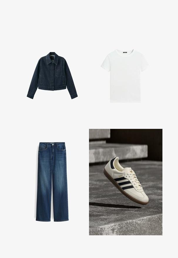 Donkerblauw spijkerjasje met lange mouwen, puntkraag, borstzak, twee zijzakken en knoopsluiting verborgen onder de beleg.; Effen wit T-shirt met korte mouwen, een ronde hals en een klein zwart labeltje aan de binnenkant van de kraag.; Wijduitlopende donkerblauwe denim jeans met een lichte vervaging, voorzien van vijf zakken en een metalen knoopsluiting bij de taille.; Witte Adidas Samba sneaker met zwarte strepen en gumzool, zwevend boven gestructureerde grijze betonnen treden.