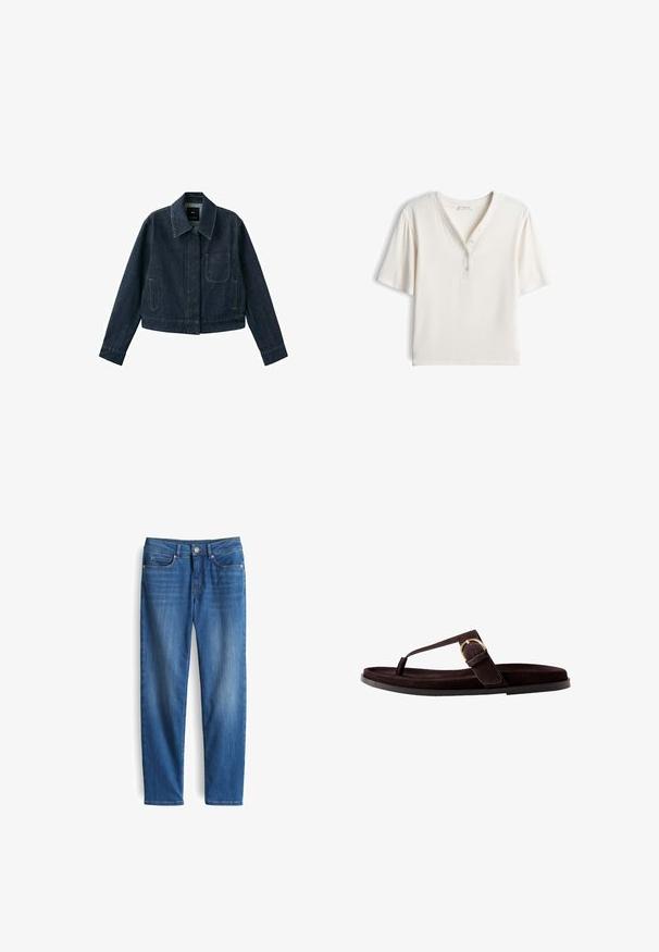 Donkerblauw spijkerjasje met lange mouwen, puntkraag, borstzak, twee zijzakken en knoopsluiting verborgen onder de beleg.; Wit geribd shirt met korte mouwen, een V-hals en drie drukknopen aan de linkerkant van de halslijn.; Blauwe spijkerbroek met voorzakken, riemlussen en een knoopsluiting, weergegeven tegen een witte achtergrond.; Bruine suède platte sandaal met teenslipper en verstelbare gouden gesp op een zwarte zool, gezien vanuit de zijkant.