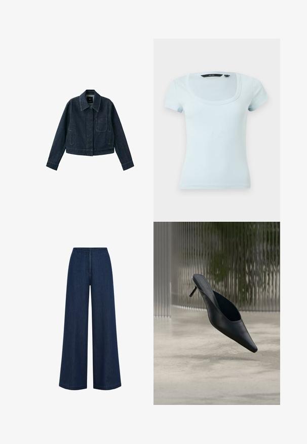 Dunkelblaue Jeansjacke mit langen Ärmeln, spitzem Kragen, Brusttasche, zwei Seitentaschen und Knopfverschluss, der unter der Blende verborgen ist.; Hellblaues, geripptes Kurzarmoberteil mit einem Wasserfallausschnitt und tailliertem Schnitt, vor einem schlichten hellen Hintergrund präsentiert.; Weite, dunkelblaue Jeans mit geradem Schnitt, aus Denim gefertigt. Verfügt über einen hohen Bund und subtile Nahtdetails. Keine sichtbaren Metallteile.; Schwarzer spitzer Mule-Schuh mit dünnem hohen Absatz, der über einem glatten Betonboden schwebt, mit einem unscharfen vertikal gestreiften Hintergrund.