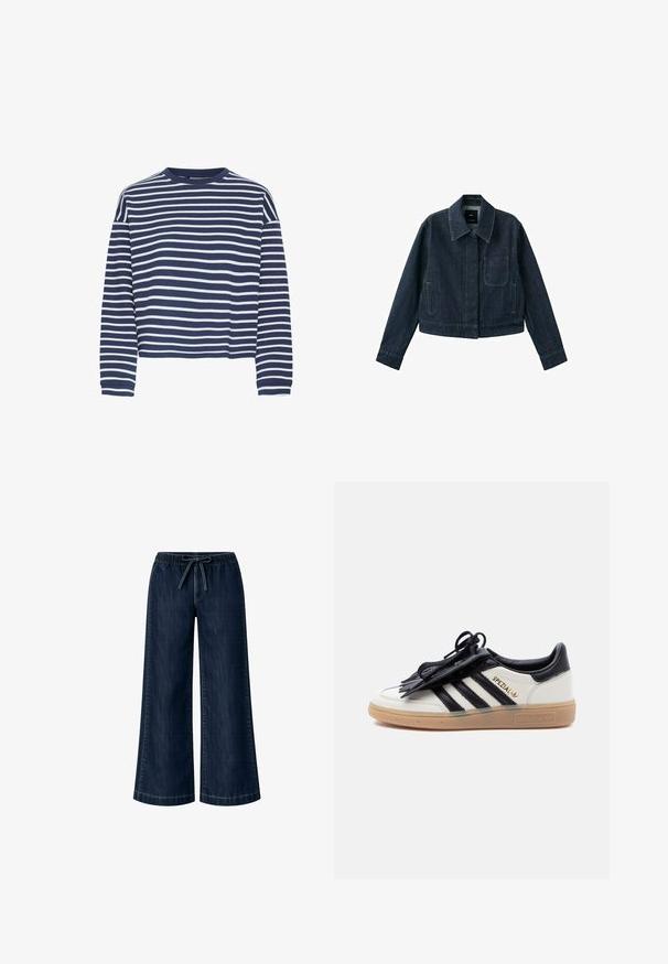 Veste en denim bleu foncé à manches longues, col pointu, poche avant, deux poches latérales et fermeture par boutons cachée sous la patte de boutonnage.; Haut à manches longues bleu marine avec des rayures horizontales blanches, encolure ronde et ourlet court. Le tissu semble doux avec une finition texturée.; Pantalon en denim bleu foncé à jambes larges avec taille élastique et fermeture à cordon sur le devant, présenté sur fond blanc.; Baskets Adidas Spezial blanches et noires avec semelle en gomme, bandes noires et cache-lacets noir sur un fond clair uni.