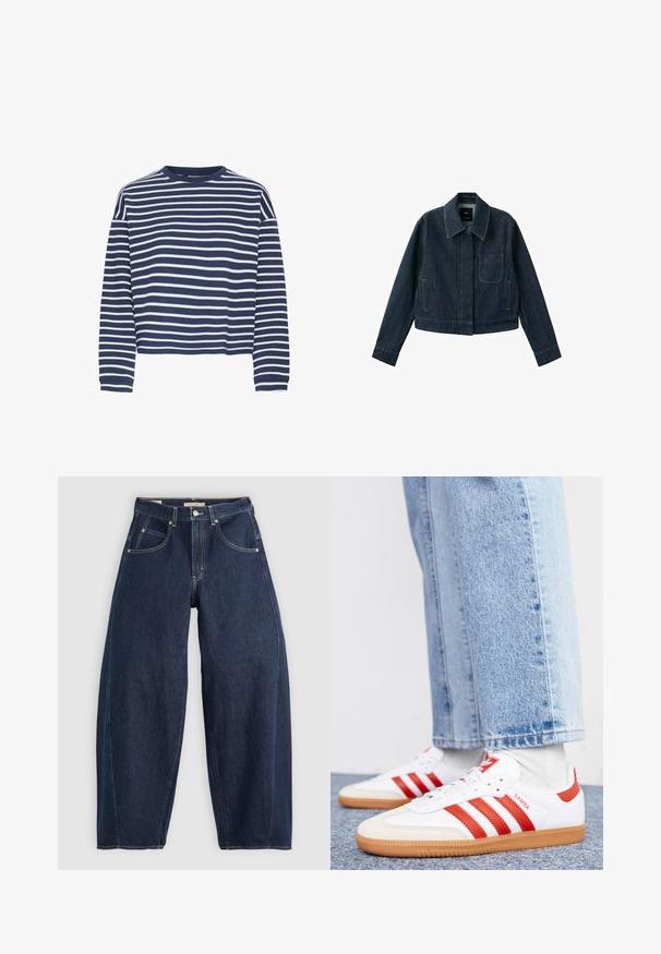 Mørkeblå denimjakke med lange ærmer, spids krave, forlomme, to sidelommer og knaplukning skjult under klappen.; Marineblå langærmet top med hvide vandrette striber, rund halsudskærkning og cropped kant. Stoffet ser blødt ud med en tekstureret finish.; Mørkeblå denim jeans med løs pasform, lyse syninger, fem lommer og en knaplukning ved taljen.; Hvide lædersneakers med røde striber og accenter. Har en tekstureret gummisål og polstret krave. Bæres med lyseblå denim.