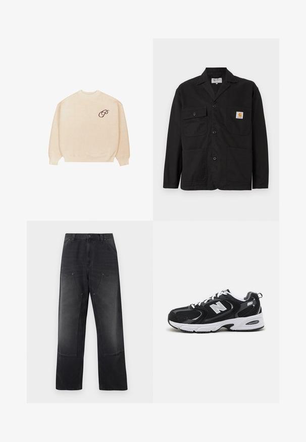 Frontview af en sort arbejdsjakke lavet af bomuld, med klassisk krave, to brystlommer og frontknaplukning.; Beige crewneck sweater med lange ærmer og ribbede manchetter, med en lille mørk broderet skrifttype "P" på venstre bryst.; Sorte jeans med brede ben, forlommer med lapper, bæltestropper og lukning med knap samt lynlås.; Sorte og grå sportssko med mesh og ruskind på overdelen, der har en hvid mellemsål, snørebånd og et iøjnefaldende "N" logo på siden.