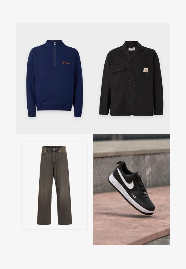 Frontview af en sort arbejdsjakke lavet af bomuld, med klassisk krave, to brystlommer og frontknaplukning.; Navy blå langærmet pullover med kvart-lynlås foran og lille orange tekst på venstre bryst med teksten "Originals Studio."; Bredde ben jeans i mørkegrå denim med høj talje, klassisk fem-lommer design og kontrasterende syninger langs sømmene.; Sort-hvid Nike Air Force 1 sneaker svævende over en lyserød betonflade med en grå stenbaggrund.