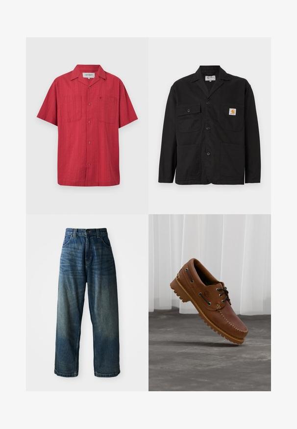 Vue de face d'une veste de travail noire en coton, dotée d'un col classique, de deux poches poitrine et d'une fermeture à boutons sur le devant.; Chemise rouge à manches courtes avec boutons-pression, deux poches poitrine dont une avec un logo discrètement brodé, et un col style camp.; Jean en denim bleu taille large avec une finition délavée. Comprend cinq poches, une fermeture à bouton et des coutures contrastées. Tissu de poids lourd.; Chaussure de bateau en cuir marron avec des lacets noirs, des coutures beiges et une semelle robuste, suspendue au-dessus d'un sol en béton gris.