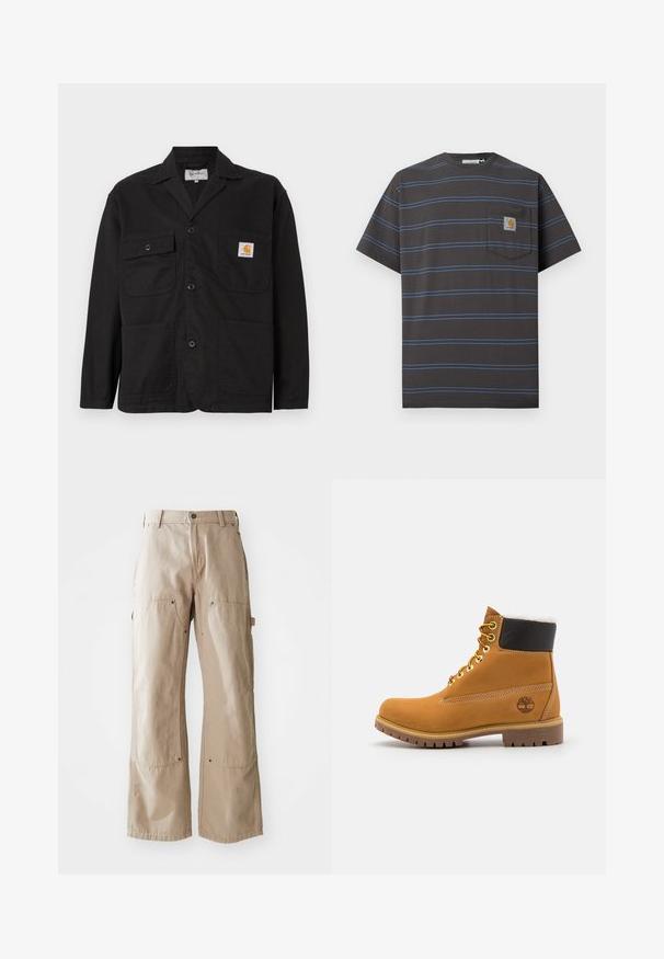 Frontview af en sort arbejdsjakke lavet af bomuld, med klassisk krave, to brystlommer og frontknaplukning.; Mørkegrå T-shirt med korte ærmer, tynde vandrette blå striber og en brystlomme med et lille Carhartt logo-patch.; Beige vide bukser lavet af slidstærkt bomuldsstof. Har for- og sidelommer, synlig syning og metaldetaljer ved lommerne.; Brune læder ankelstøvle med metaløjer, hvid pelsforing, sort polstret krave, robust sål og præget logo på siden.
