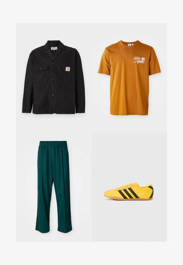 Vorderansicht einer schwarzen Arbeitsjacke aus Baumwolle mit klassischem Kragen, zwei Brusttaschen und einer vorderen Knopfleiste.; Braunes Baumwoll-T-Shirt mit Rundhalsausschnitt, kurzen Ärmeln und einem weißen grafischen Text sowie einem Blattdesign auf der Vorderseite.; Dunkelgrüne Sporthose mit elastischem Bund, geradem Bein-Design und schwarzen Seitenstreifen. Hergestellt aus weichem, dehnbarem Stoff.; Gelber Sportschuh mit strukturiertem Obermaterial, verziert mit schwarzen Streifen und Logo. Abgerundete Spitze, weiche Sohle und Zickzackmuster auf dem Material.