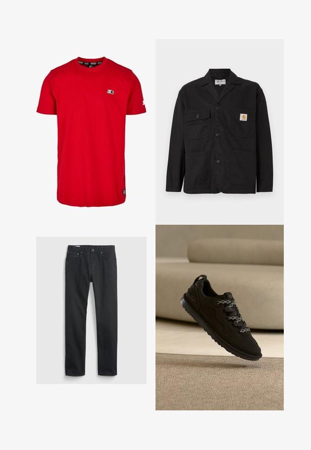 Voorzijde van een zwarte werkjasko gemaakt van katoen, met een klassieke kraag, twee borstzakken en een sluiting met knopen aan de voorkant.; Rode katoenen t-shirt met een ronde hals, korte mouwen en een klein zwart logo op de linkerborst en mouw. Glad, effen kleurstof.; Zwarte spijkerbroek van denim met een recht model, vijf zakken, metalen knoopsluiting en subtiele stikdetails. Vloeiende textuur overal.; Zwarte sportschoen van suède, met gestructureerde overlays, zwarte veters met witte accenten en een rubberen zool.