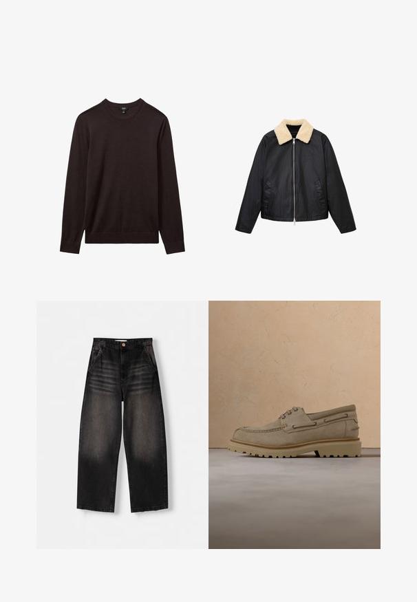 Sort jakke med en struktureret overflade, cremefarvet kunstpelskrave, lynlås lukning og sidelommer. Klassisk design og afslappet pasform.; Reiss REISS - Striktrøje - dark bordeaux; Sorte denim bukser med vid ben, der har et falmet design, fem lommer, knaplukning og subtile slidte detaljer foran.; Beige ruskind casual snørestøvle med tyk, rillet sål, vist i luften over matchende beige struktureret overflade og baggrund.