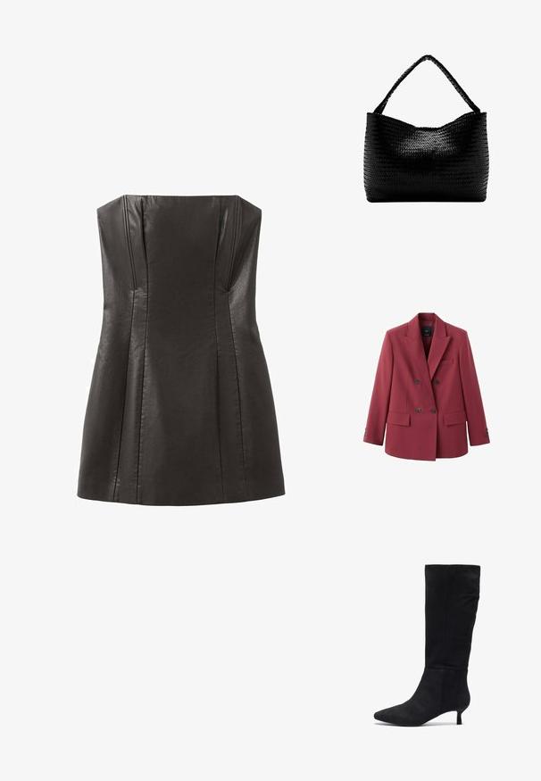 Blazer croisé en bordeaux profond, doté de revers crantés, deux poches avant et boutons noirs. Tissu lisse avec une coupe ajustée.; Robe noire en cuir sans bretelles avec un corsage ajusté, des plis et une texture lisse. Présente un décolleté droit et une jupe évasée.; Zign by Zalando Bottes - black; Sac à main tissé noir avec une anse unique tressée, forme rectangulaire et surface texturée brillante.