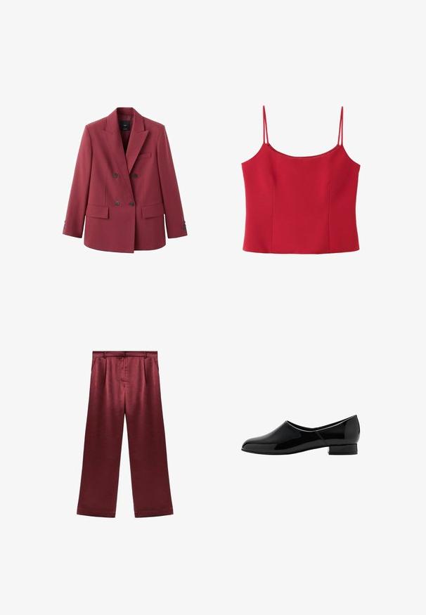 Blazer croisé en bordeaux profond, doté de revers crantés, deux poches avant et boutons noirs. Tissu lisse avec une coupe ajustée.; Haut caraco rouge sans manches avec fines bretelles spaghetti doubles et encolure droite sur fond blanc.; Pantalons larges bordeaux en satin avec une texture lisse, dotés d'une taille haute et de deux poches latérales pour un détail fonctionnel.; Mocassin en cuir verni noir avec un bout arrondi et un petit talon carré. Surface lisse, design minimaliste, sans embellissements visibles.