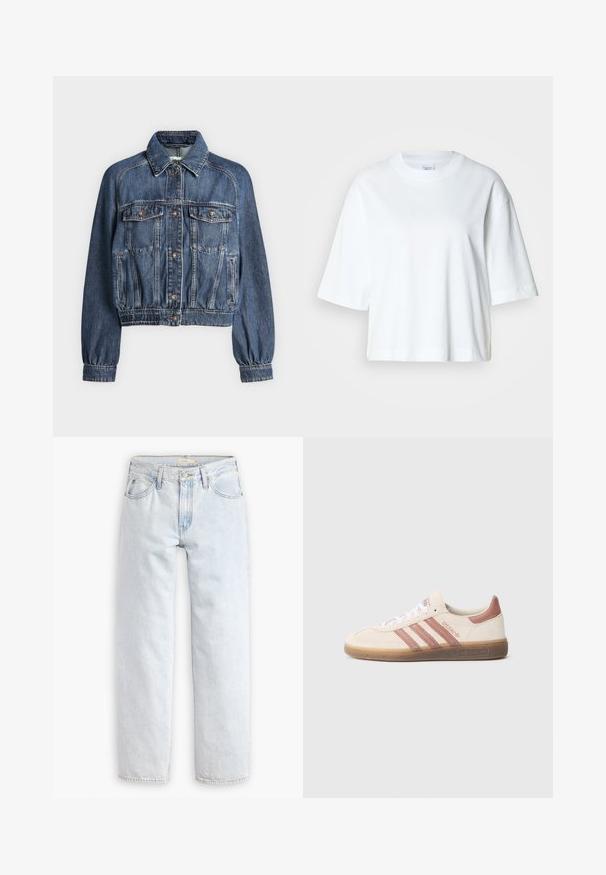 Blaue Jeansjacke mit Knopfverschluss, zwei Brustklappentaschen, Seitentaschen und elastischen Bündchen sowie Bund.; Weißes, kurz geschnittenes T-Shirt mit kurzen Ärmeln und Rundhalsausschnitt, aus weichem Baumwollmaterial, mit einem einfachen und klaren Design.; Hellblaue, gerade geschnittene Jeans mit hoher Taille, die fünf Taschen, einen Knopfverschluss vorne und sichtbare Nähte aufweist.; Beiger Wildleder-Sneaker mit pinkfarbenen Akzenten, drei pinkfarbenen Streifen, weißen Schnürsenkeln und einer transparenten Gummisohle. "Spezial"-Markierung an der Seite.