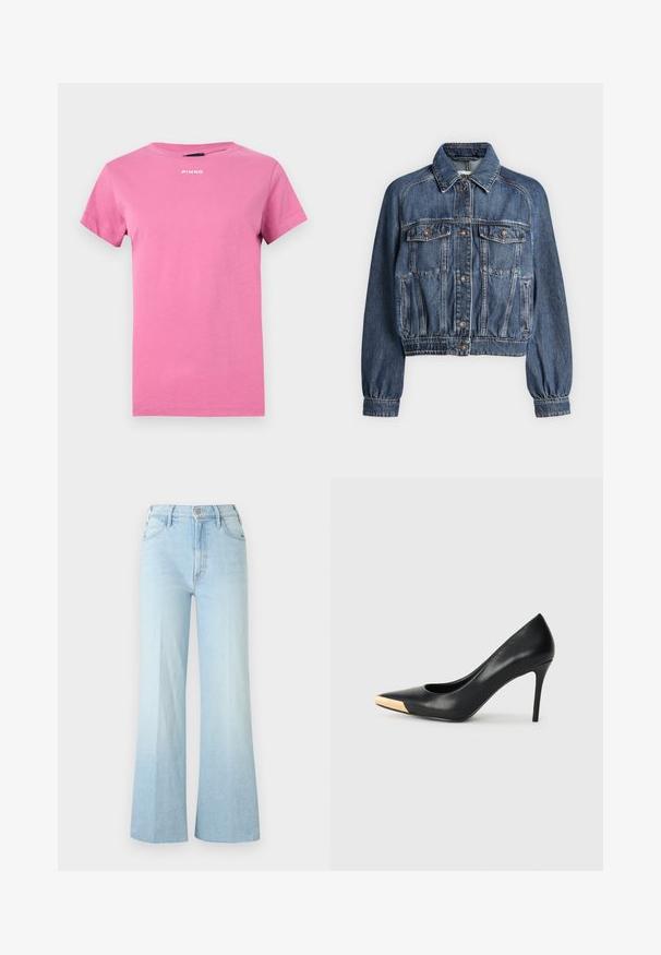 Veste en jean bleue avec fermeture à boutons, deux poches poitrine à rabat, poches latérales et poignets et ceinture élastiques.; T-shirt rose vif à manches courtes avec encolure ronde et petit logo blanc "PINKO" centré près du col.; Jean bleu clair taille haute à jambes larges avec bouton devant, fermeture éclair et poches, présenté sur un fond blanc uni.; Pompe à talon haut en cuir noir avec bout pointu ; présente une accentuation métallique dorée sur le capuchon. Surface lisse avec un design épuré.