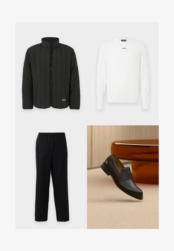 Mørkegrøn polstret jakke med quiltet design, høj krave, frontlynlås og to sidelommer. Har gul "HUGO"-logo på venstre side.; Hvid strikket sweater med rund hals og lange ærmer. Lille sort "HUGO" logo placeret på brystet. Blød tekstur med ribstrikkede manchetter.; Sorte bukser med elastisk talje, lige ben-design og et glat, let stof. Ingen synlige lommer eller mønstre.; Sort læder loafers med lav hæl svævende over beige tæppe ved rundt brunt bord.