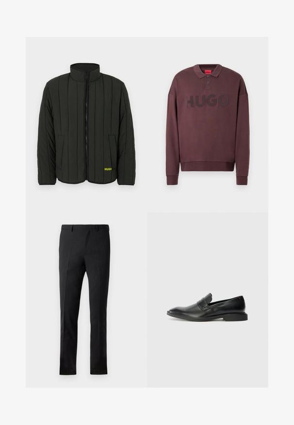 Mørkegrøn polstret jakke med quiltet design, høj krave, frontlynlås og to sidelommer. Har gul "HUGO"-logo på venstre side.; Langærmet mørkebrun polo-sweatshirt med ribkant ved ærmerne, to knapper ved kraven og "HUGO" trykt på brystet.; Sorte bukser med en skræddersyet pasform, der har en flad front, to pressefolder, bæltestropper og en glat overflade. Ingen synlige mønstre eller beslag.; Sorte læder loafers med en glat tekstur, spids tå og lav rektangulær hæl. Har vandret remdetalje på overdelen.